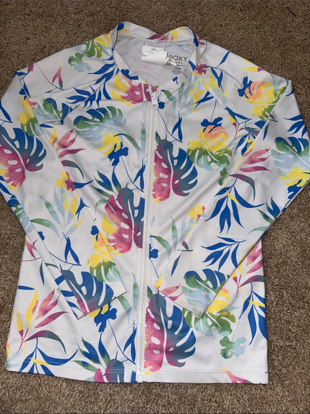Roxy White Floral Zip-Front Kids Rashguard